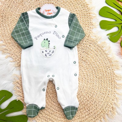 Macacão Trape Zape - Pequeno Dino - Off White e Verde Musgo